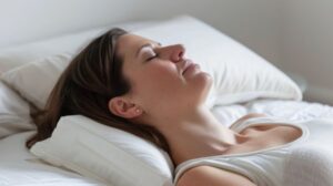 Woman sleeping with her head elevated on pillows